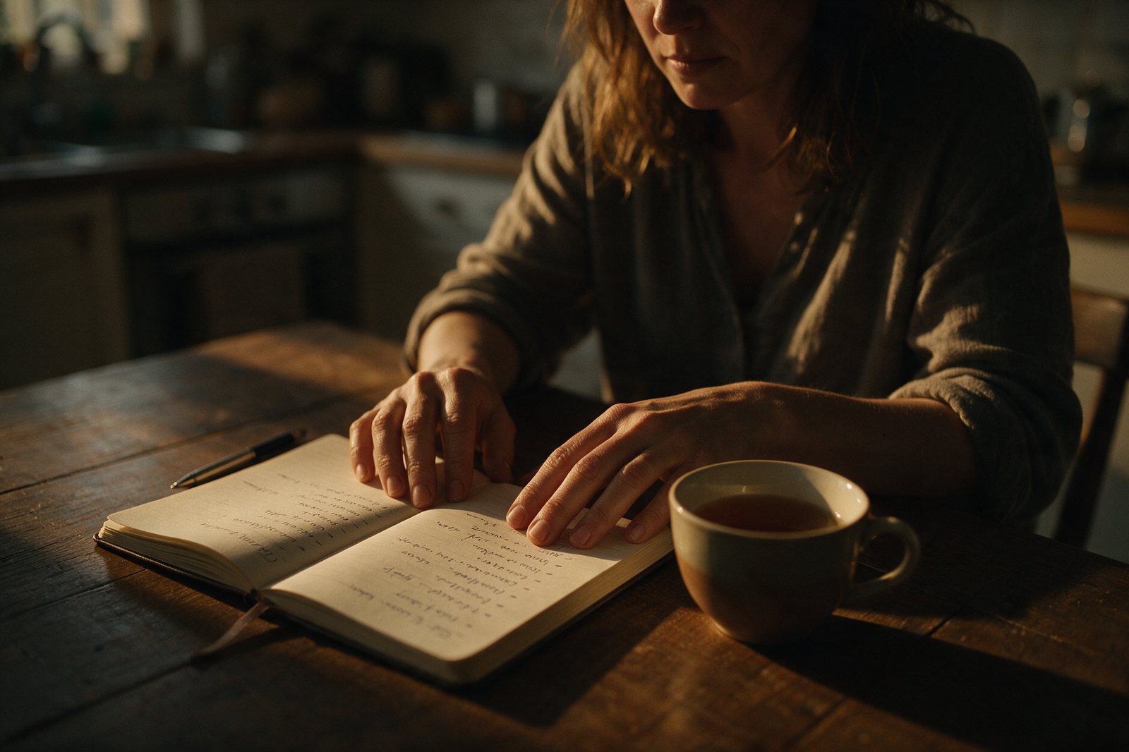 Eine Frau notiert am Kuechentisch bei Abendlicht etwas in ein Notizbuch, daneben eine Tasse Tee.
